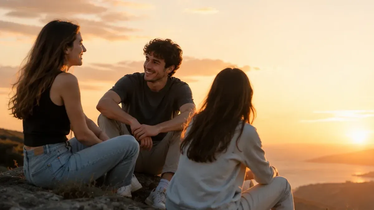 Three friends talk calmly while sitting in front of the sunset