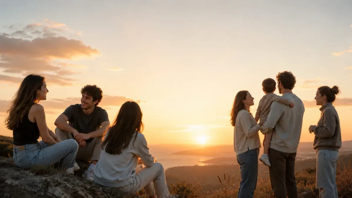 Amigos y una familia comparten el atardecer en lo alto de una colina