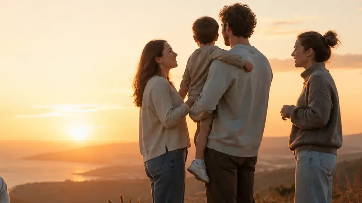 Two adults holding a child watch the sunset together