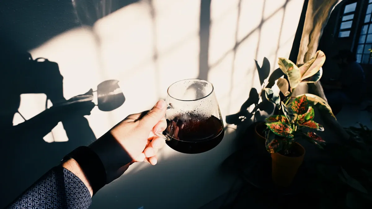 A hand holding a mug against the light by a window