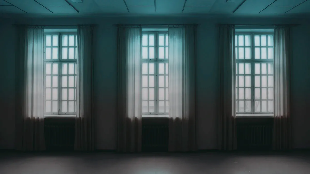 Three open windows on a pale wall